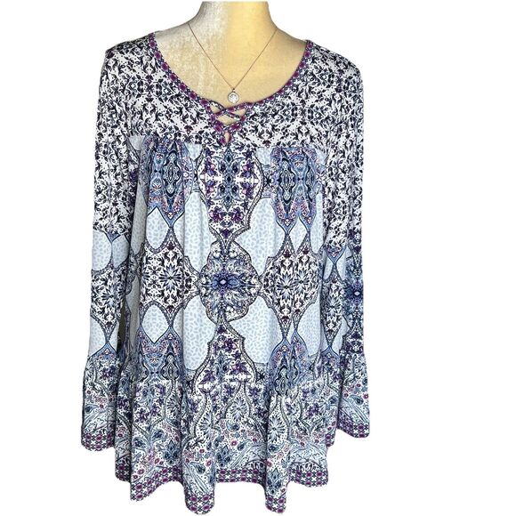 Style & Co Paisley Boho Top Sz Large Long Sleeves Bottom And Sleeve Ruffle - Picture 1 of 8